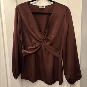 Pleione Deep Brown Satin Twist-Front Blouse